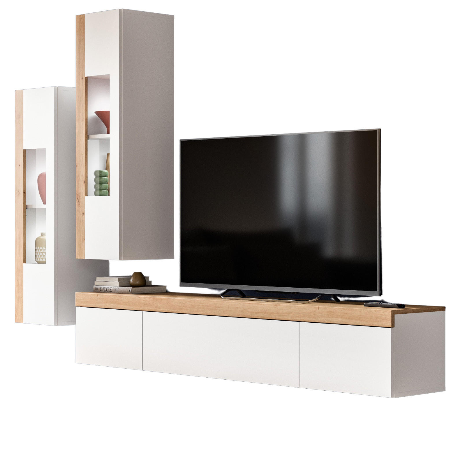 WOHNWAND 3-teilig weiß und Eiche 270 cm, Schrankwand stehend/hängend - Schwarz/Weiß, Glas/Holzwerkstoff (270/181/33cm) - Inn.Furn