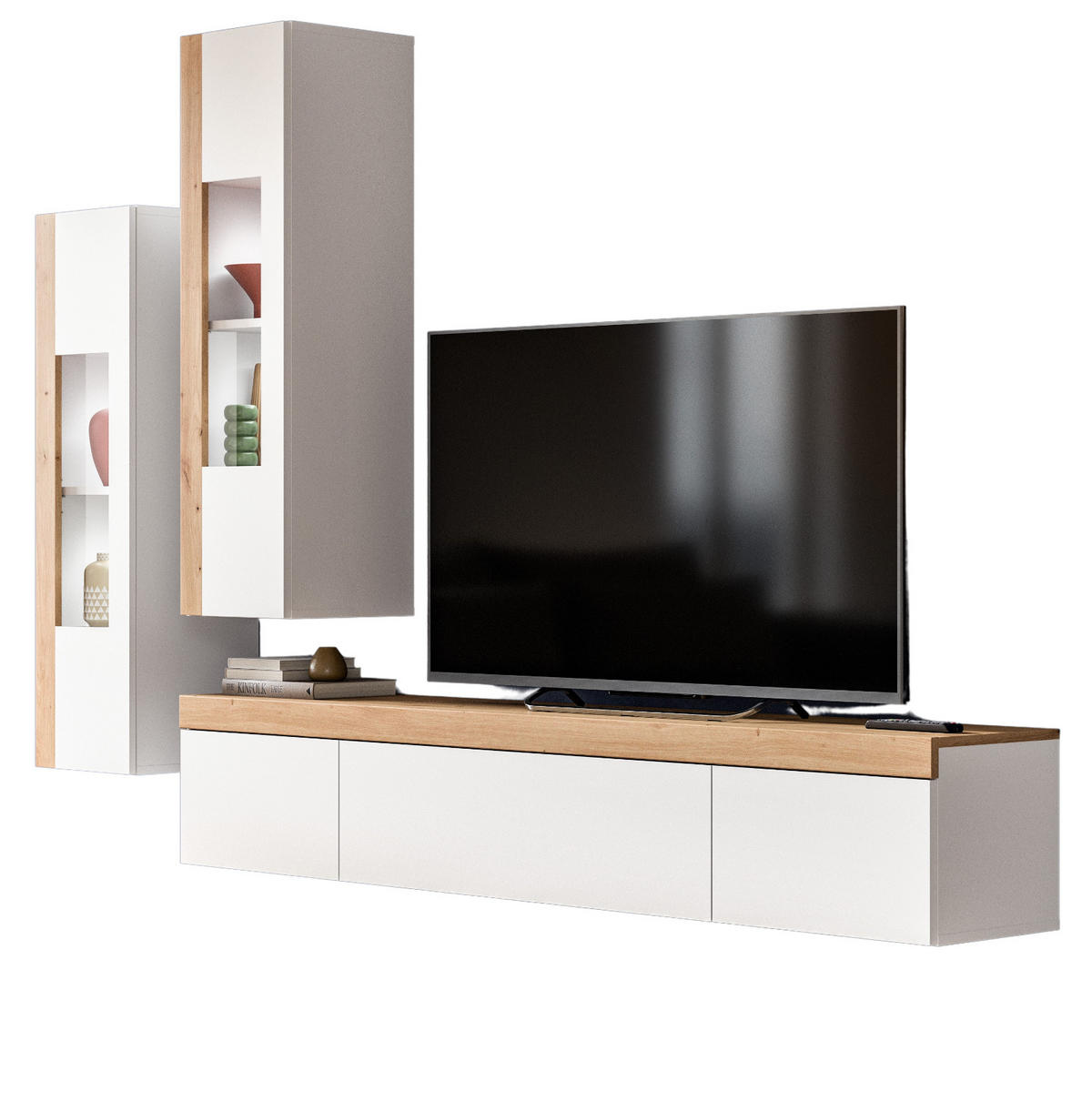 WOHNWAND 3-teilig weiß und Eiche 270 cm, Schrankwand stehend/hängend - Schwarz/Weiß, Glas/Holzwerkstoff (270/181/33cm) - Inn.Furn