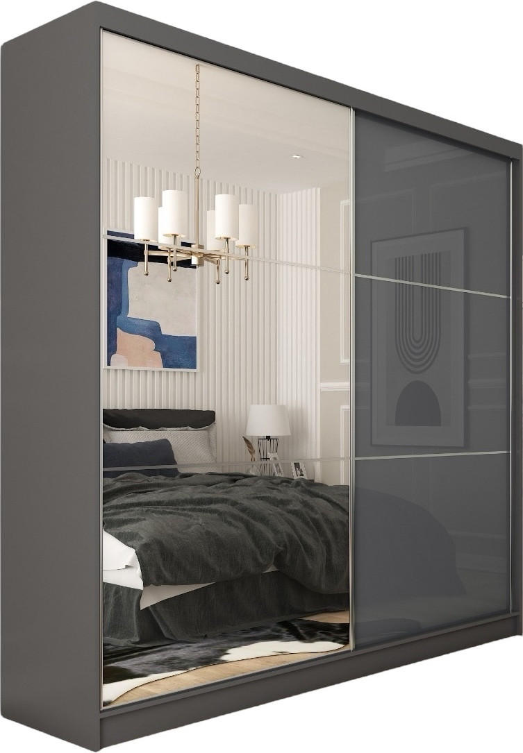 SCHWEBETÜRENSCHRANK Vena 200 cm mit Spiegel 2-türig, graphit, lacobel graphit - Grau, Holz/Kunststoff (200/216/61cm) - Margaret Hadas24