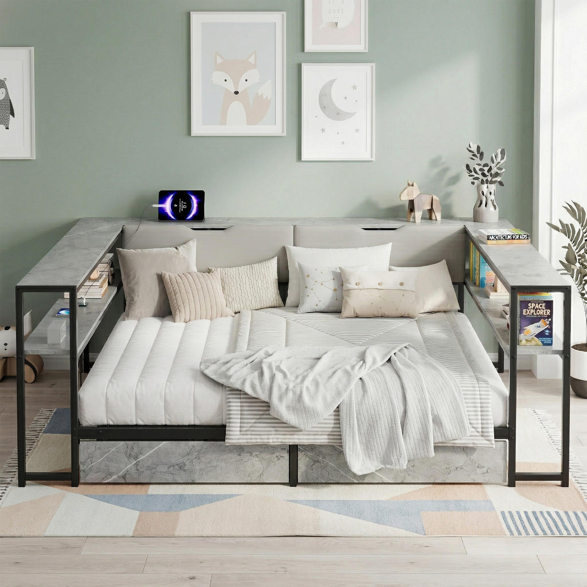 DAYBETT Beton 90x200 USB Type-C Schubladen Stauraum - Grau, Metall (90/200cm) - FLIEKS