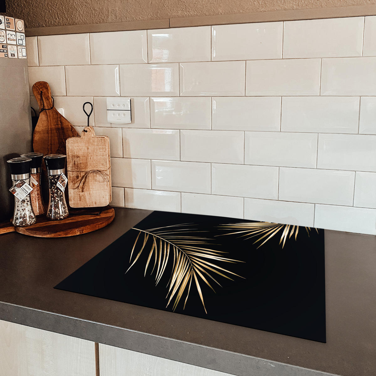 HERDABDECKPLATTE Blätter - Pflanzen - Gold - Schwarz - Luxus 59x52 cm - Goldfarben, Kunststoff (59/0.2/52cm) - MuchoWow