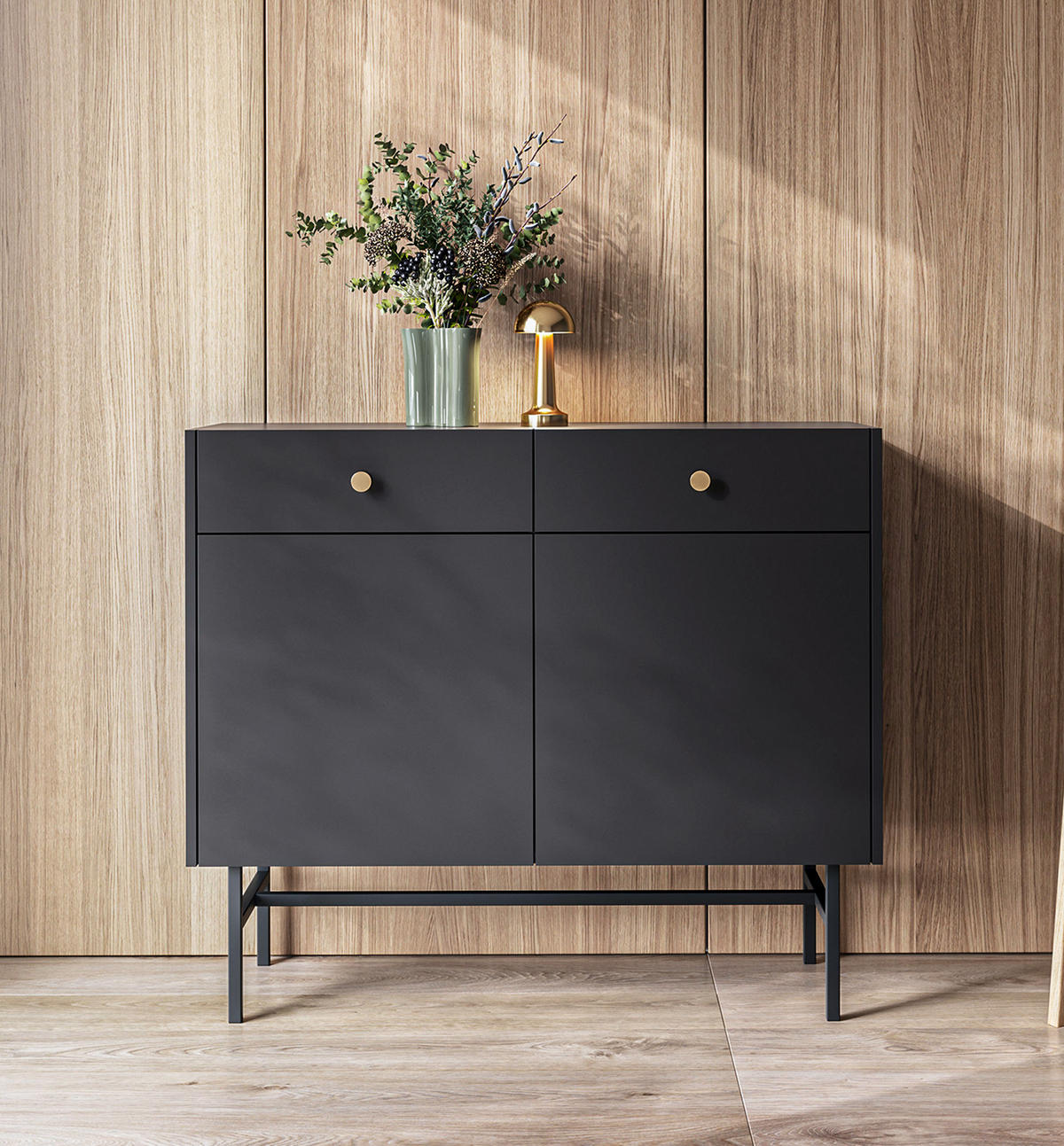 SIDEBOARD Dinley 2T 2S Schwarz 104,4/89,4/39 cm – mit schwarzen Beinen im minimalistischen Design - Schwarz, Holzwerkstoff/Metall (104.4/89.4/39cm) - AX Living