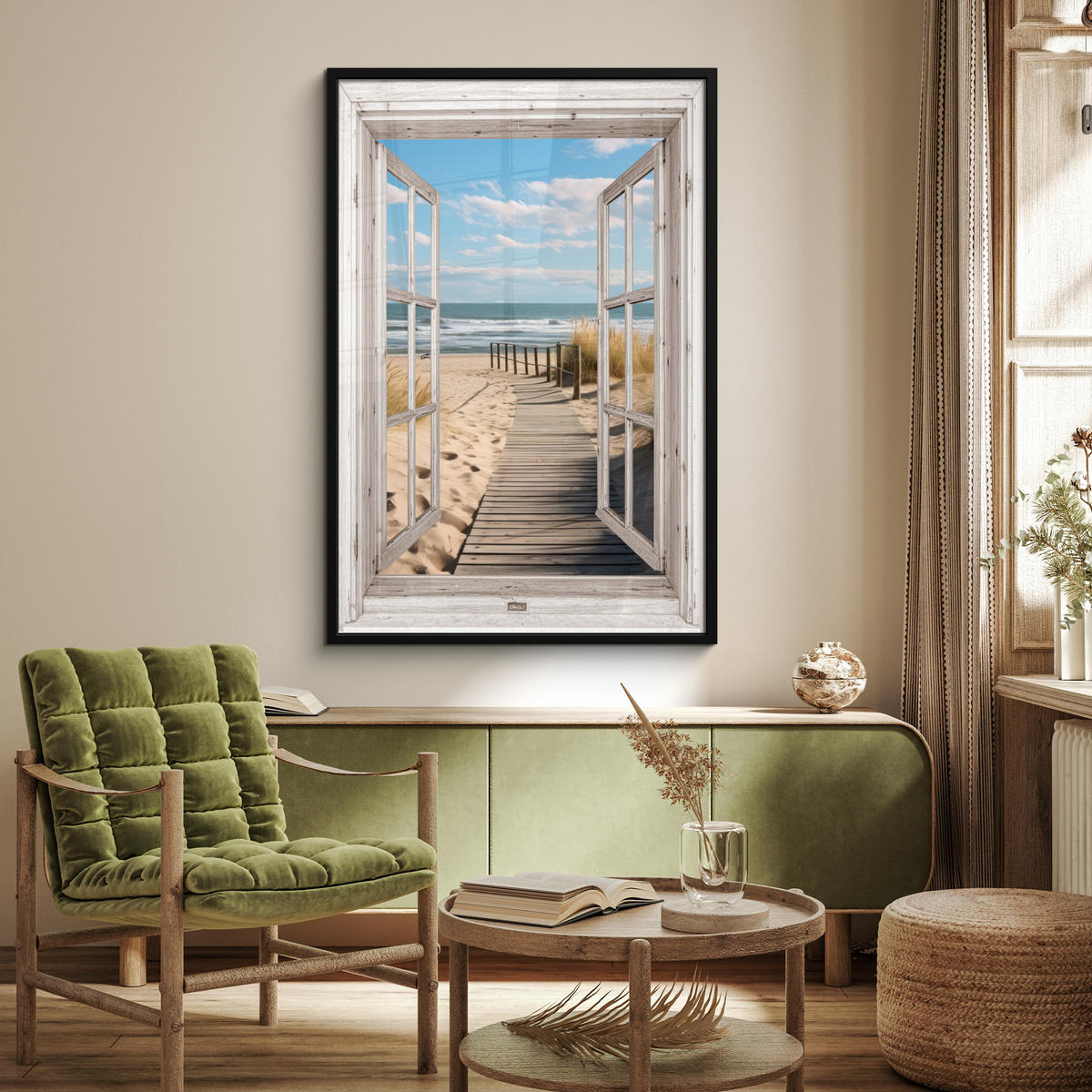 GERAHMTES BILD Fenster - Meer - Küste - Natur - Ausblick - Strand - Wattenmeer 80x120 cm - Beige, Papier (80/120cm) - MuchoWow