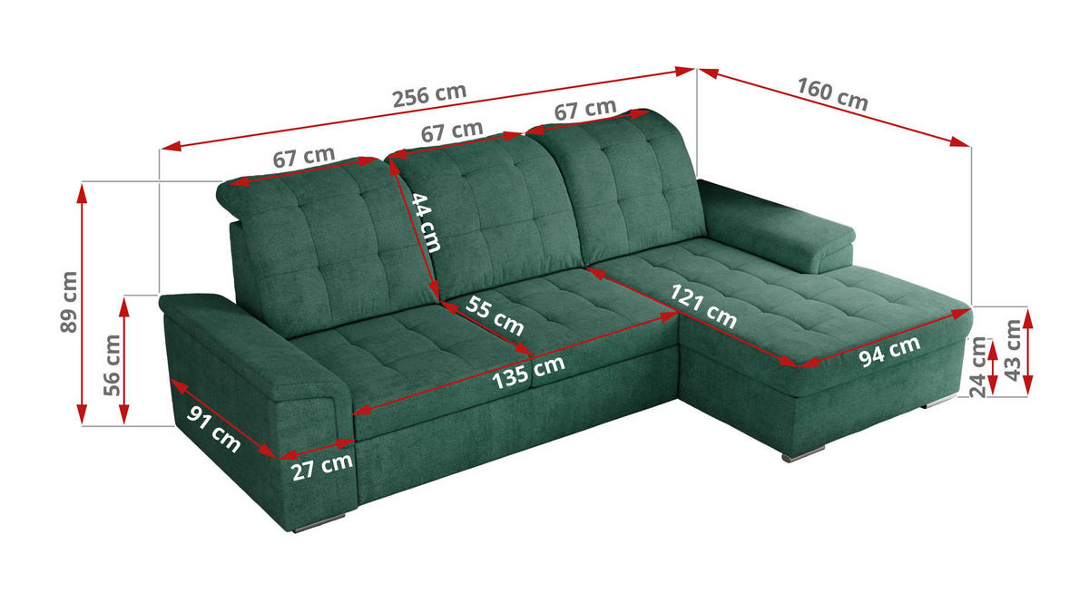 ECKSOFA MADRITO L - Grün Struktur - Links - Silberfarben/Grün, Textil/Metall (160/256cm)