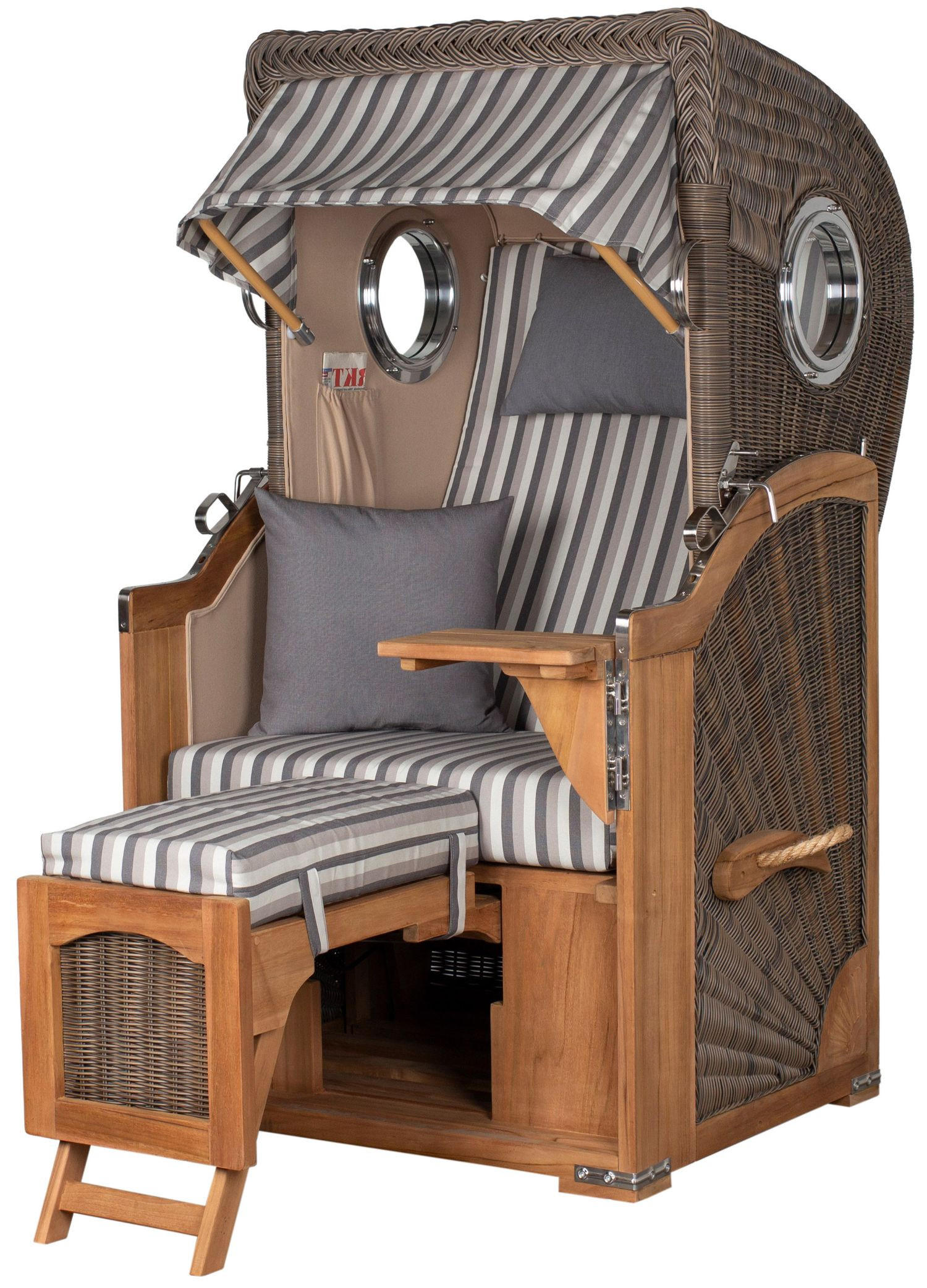 STRANDKORB Komplettset: Ammersee Single Teak Bullauge - PE grau - Modell 545 - Grau, Holz/Kunststoff (96/165/80cm) - bene living