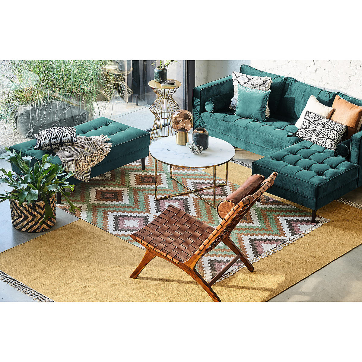 HOCKERBANK - Samt - Petrol, Birkenholz/Textil (124/43/69cm) - home24