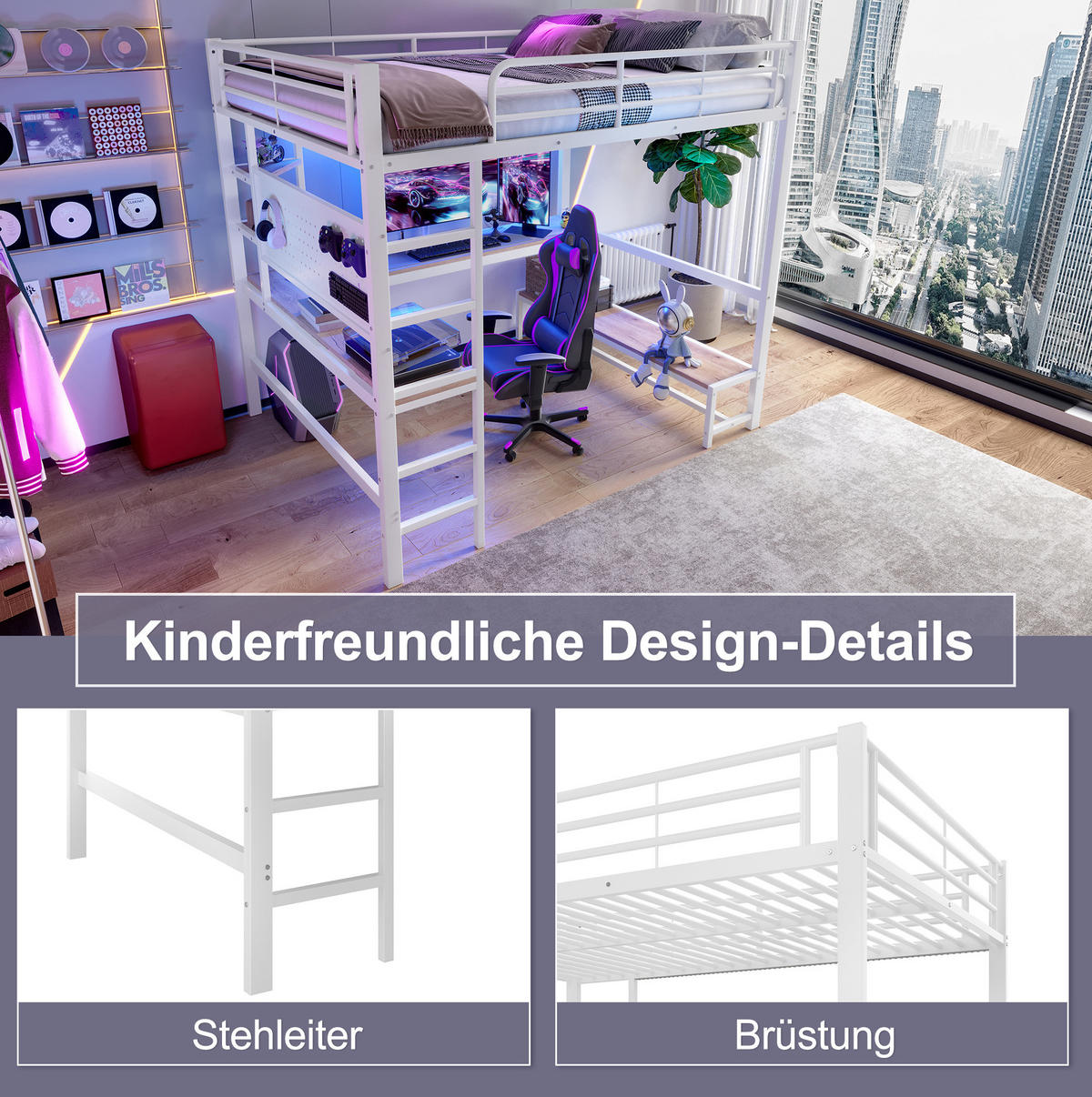 HOCHBETT 140/200 cm Weiß aus Metall mit Schreibtisch - Weiß, Metall (140/200cm) - OKMYHOME