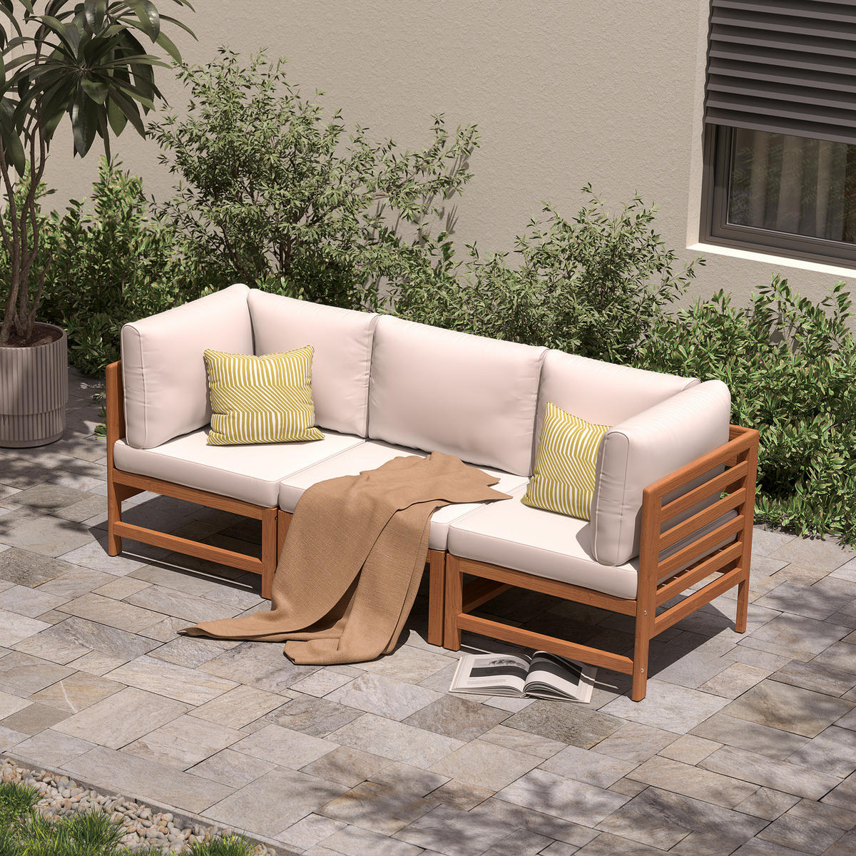 LOUNGEECKE - Akazie massiv / Polyester - Braun / Beige - Beige/Braun, Holz/Textil (66/76/66cm) - home24