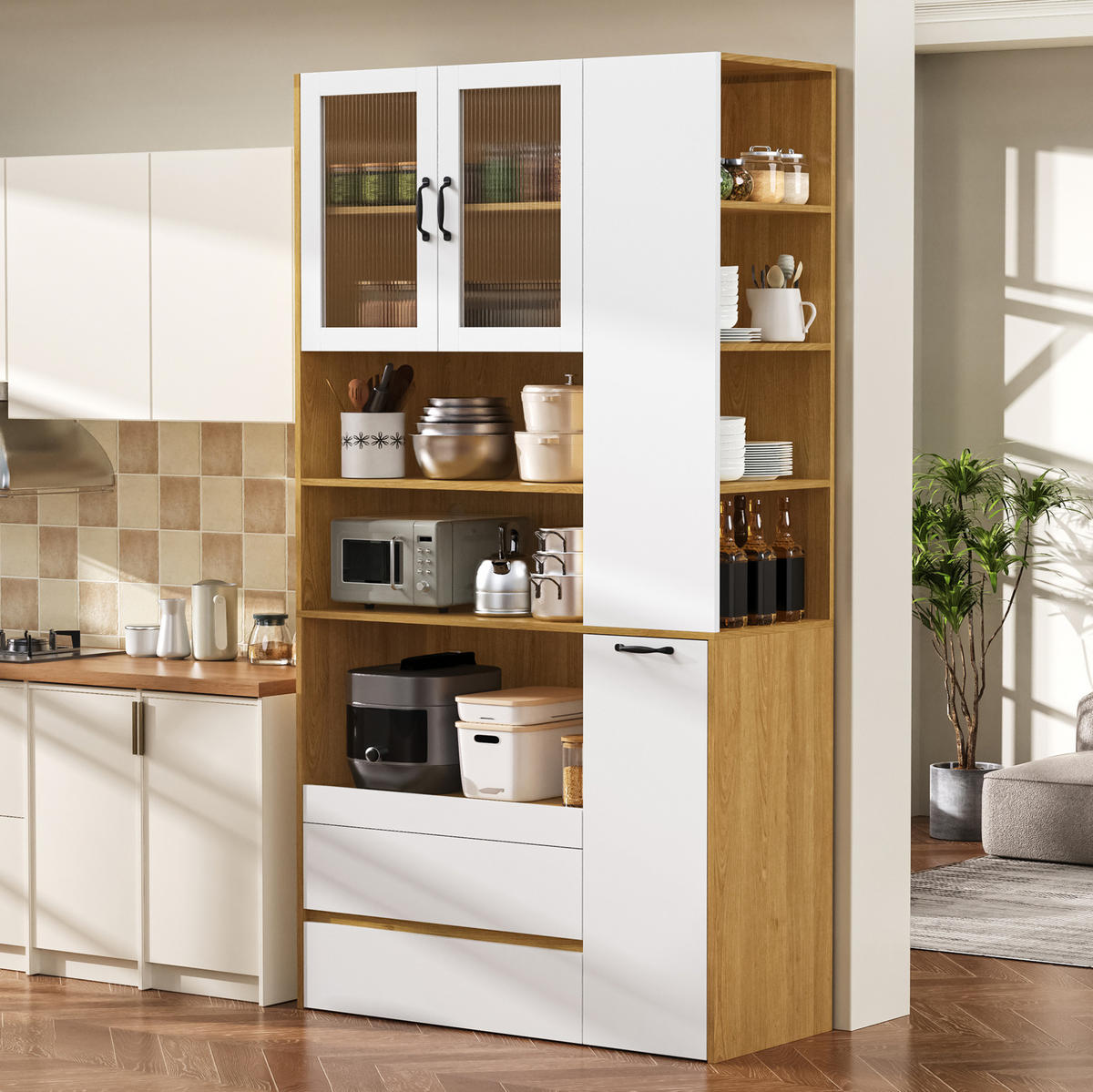 HIGHBOARD 100/40/200 cm mit Schubladen, Glastüren und ausziehbarer Ablage aus MDF, Weiß/Natur - Hellbraun/Weiß, Holzwerkstoff (100/200/40cm) - Redom