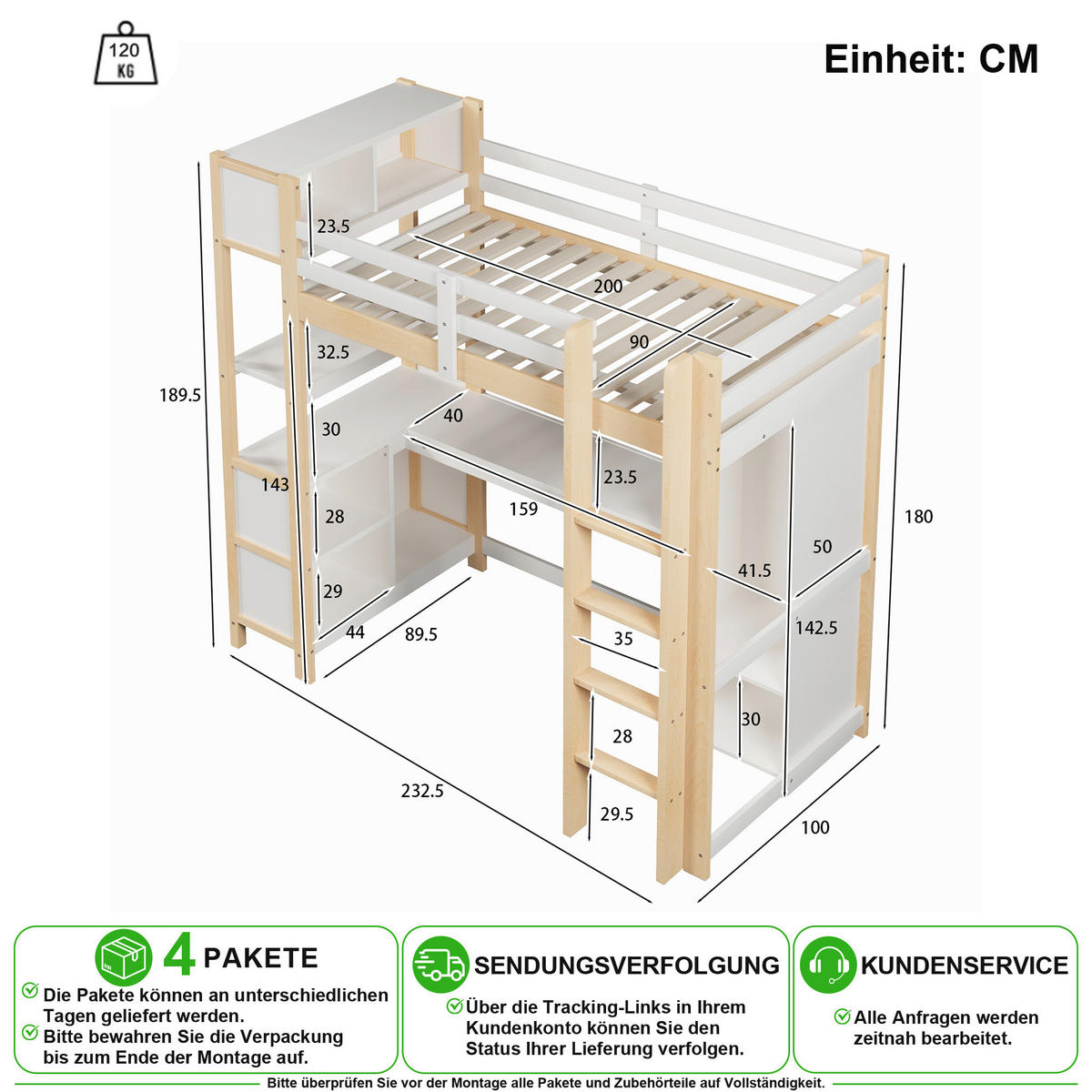 HOCHBETT 90/200 cm in Weiß/Natur mit Schreibtisch, Regalen und Kleiderschrank aus Kiefer - Naturfarben, Holz/Holzwerkstoff (90/200cm) - CHICFURN