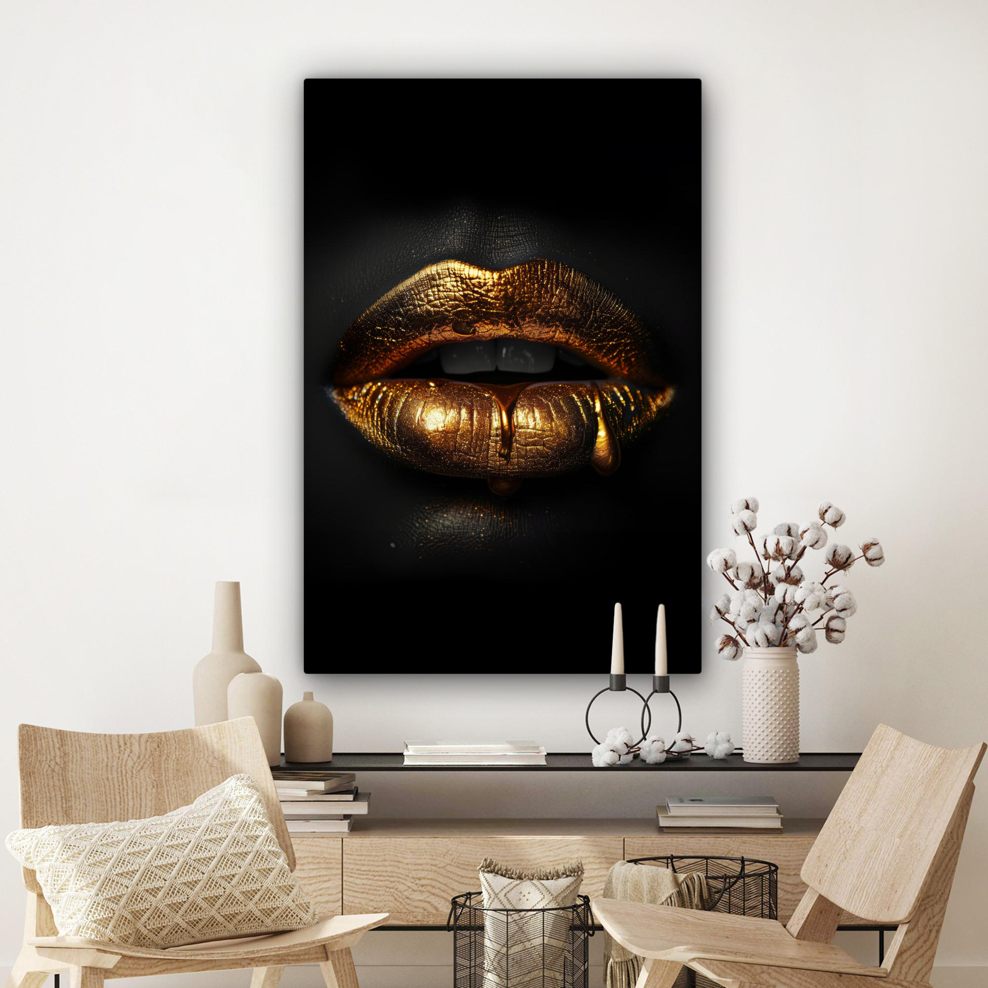 LEINWANDBILD Frau - Porträt - Lippen - Gold - Schwarz 90x140 cm - Schwarz, Textil (90/140cm) - MuchoWow