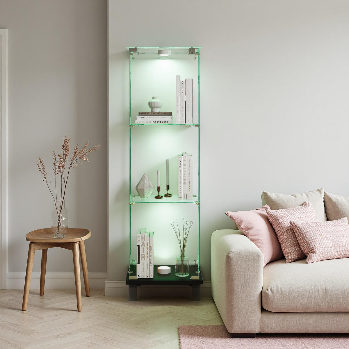 VITRINE mit LED, abschließbar & schwarzem Sockel, 123,3x39,8x35cm - Schwarz, Glas (35/123.3/39.8cm) - SHOPENTRA