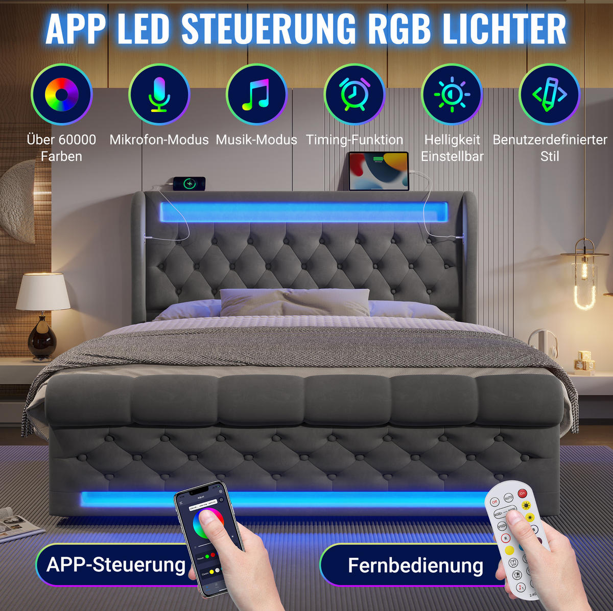 POLSTERBETT 140/200 cm Grau aus Samt mit LED und Stauraum - Grau, Textil (140/200cm) - OKMYHOME
