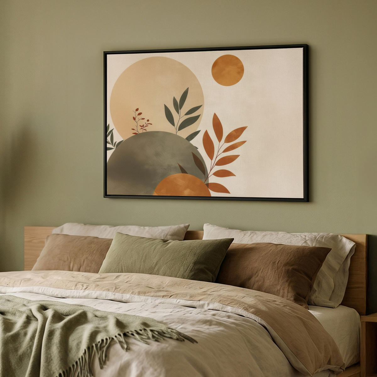 LEINWAND Bilder mit Rahmen - Formen - Rund - Blätter - Beige - 100x70 - Rostfarben, Textil (100/70cm) - MuchoWow