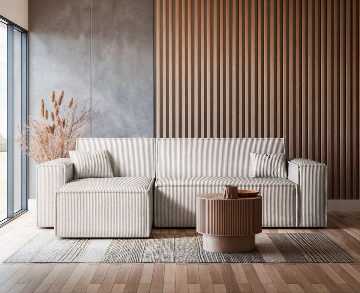 ECKSOFA Scarlo Hellbeige Cordbezug - Ecru/Schwarz, Kunststoff/Textil (244/145cm) - Selsey