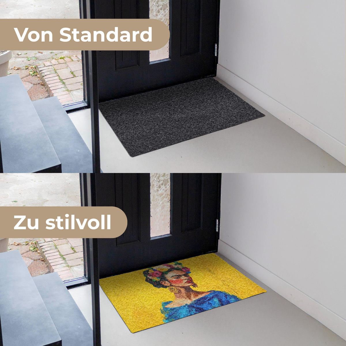 FUSSMATTE Frida Kahlo - Frau - Gelb - Blau - Blumen 90x60 cm - Gelb, Kunststoff (90/0.4cm) - MuchoWow