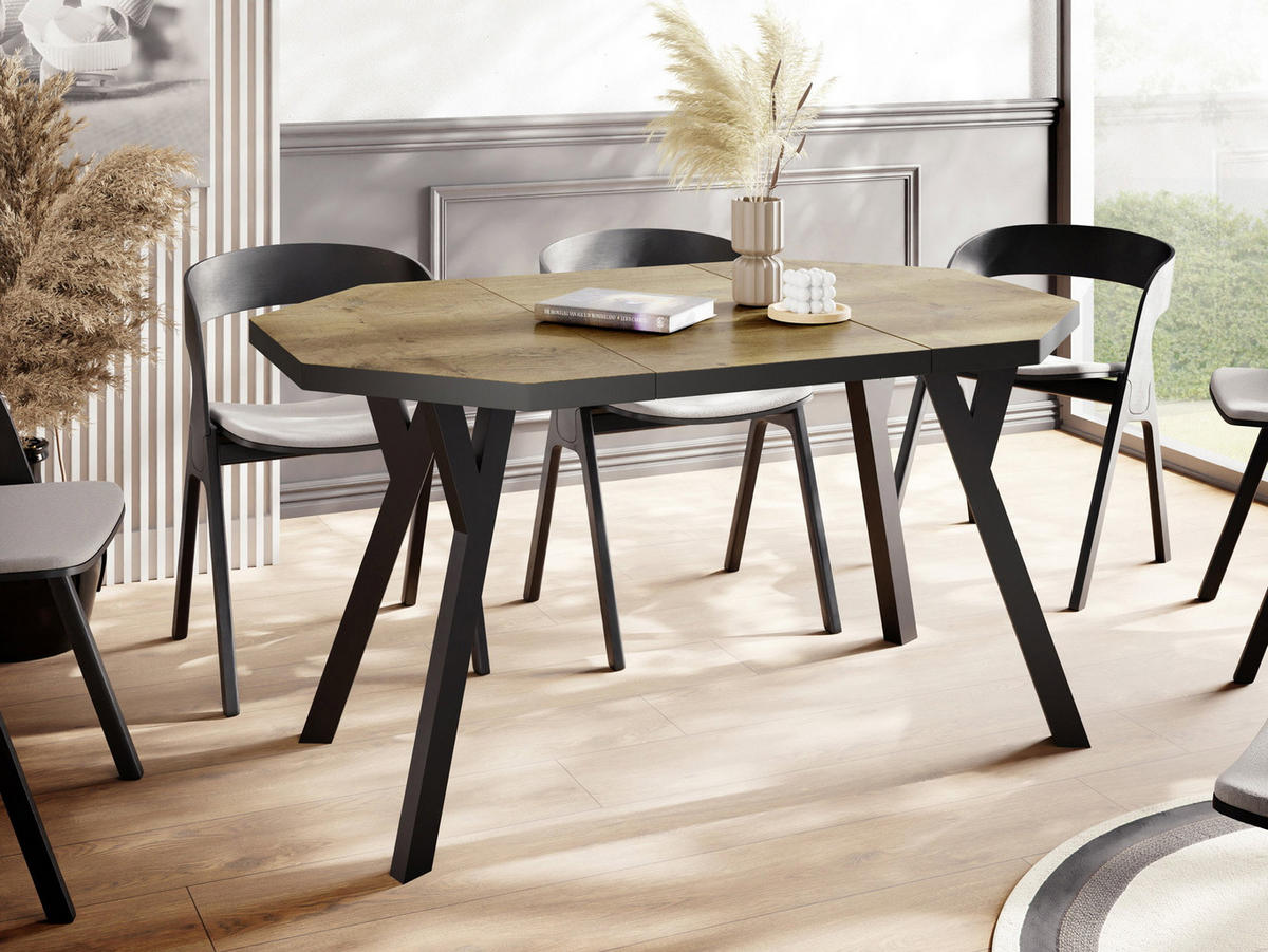 ESSTISCH Desmond achteckiger ausziehbarer, Lancelot Eiche 100-150/100/76 cm - Eichefarben/Schwarz, Holz/Holzwerkstoff (100/150/76cm) - WFL GROUP