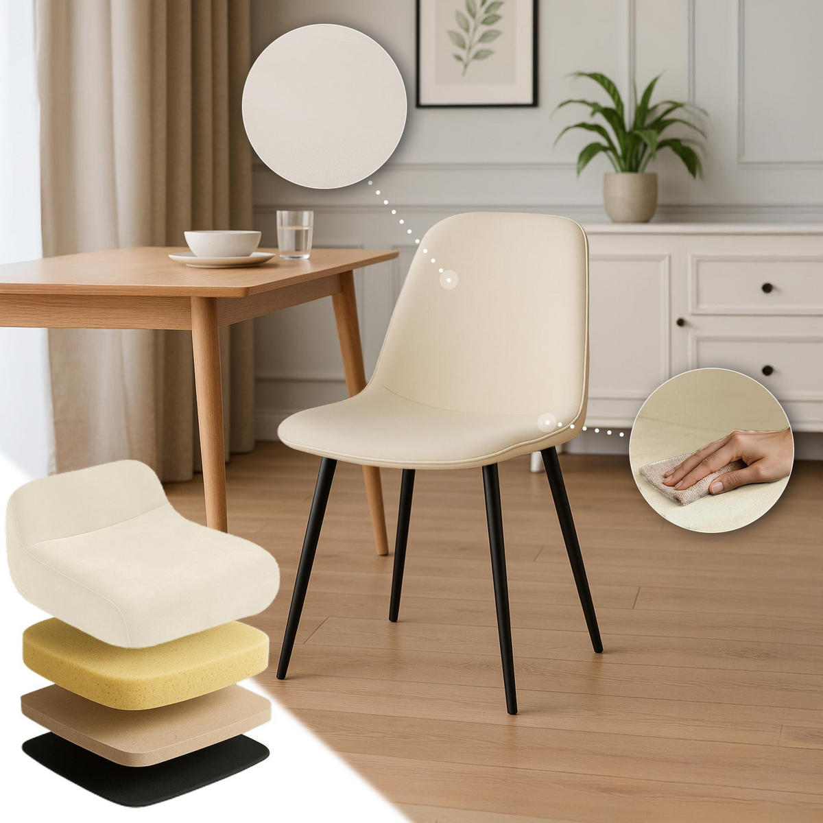 ESSZIMMERSTUHL 4er Set Samt Creme - Creme/Schwarz, Textil/Metall (45/88/54cm) - CLP