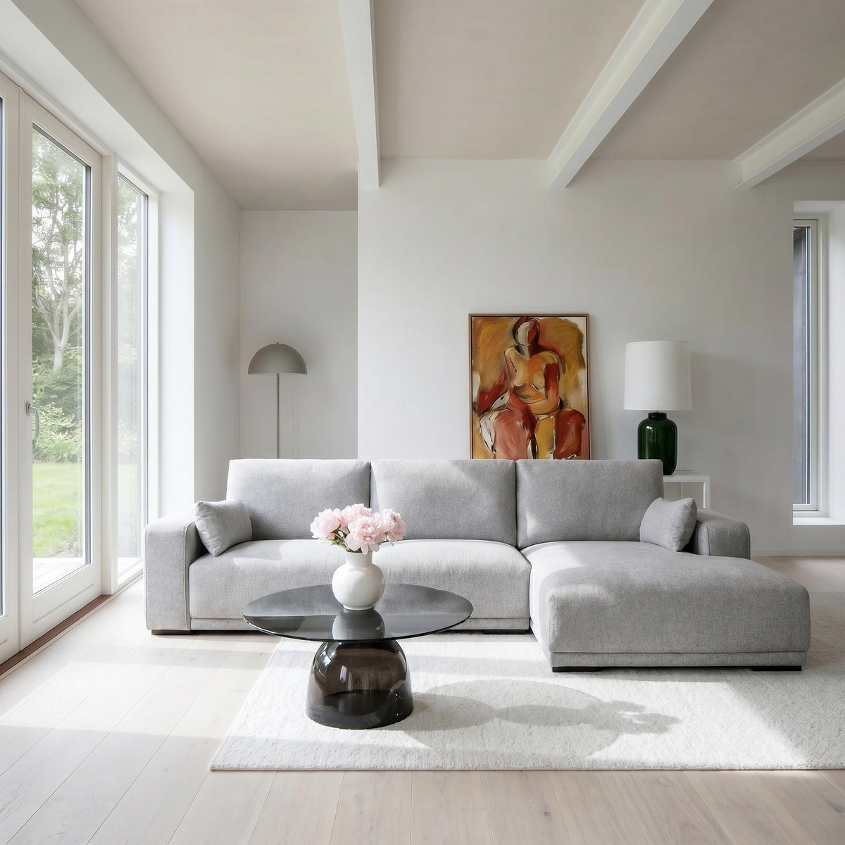 ECKSOFA Webstoff Grau - Schwarz/Grau, Holz/Textil (305/105cm) - Furnhouse