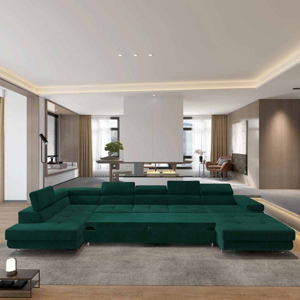 WOHNLANDSCHAFT TORIVA L-S Grün Velours-Stoff mit Schlaffunktion - Grün, Holz (418/90/202cm) - MASSENO