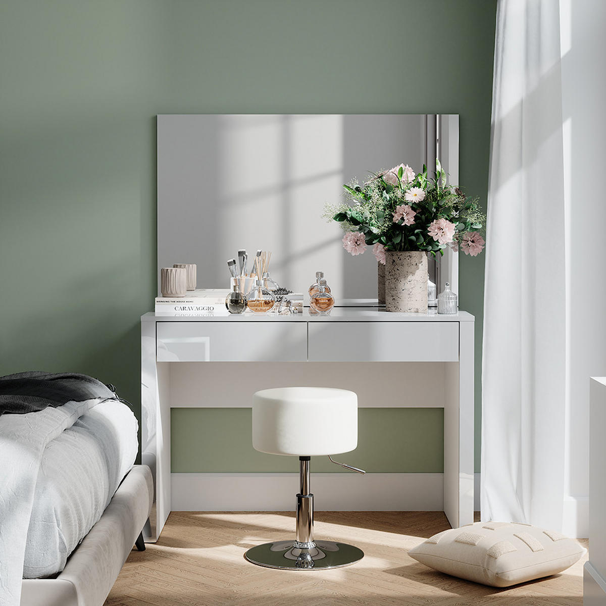 SCHMINKTISCH Annabelle Weiß Hochglanz/Weiß 110 cm mit Spiegel und Hocker - Weiß Hochglanz/Weiß, Holzwerkstoff (110/75.5/50cm) - Vicco