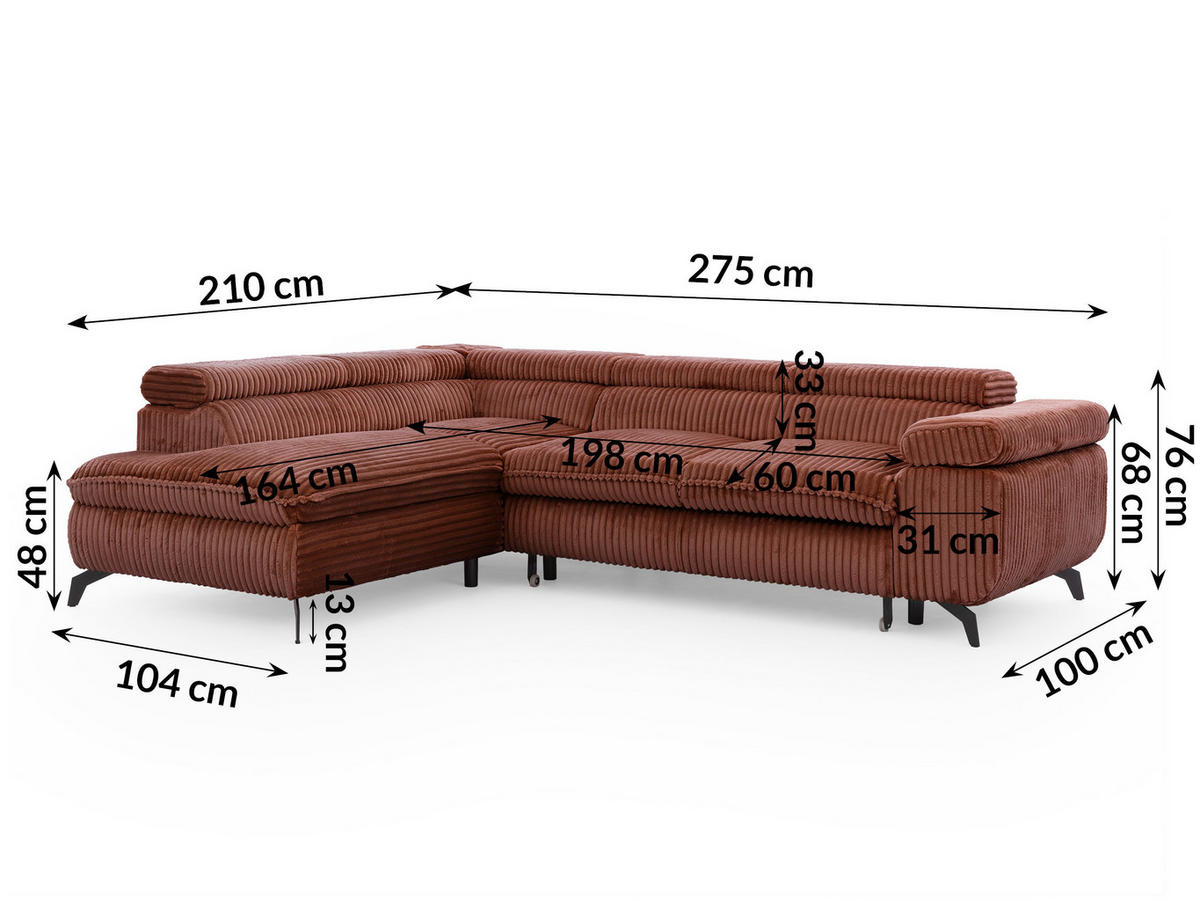 ECKSOFA mit Schlaffunktion und Bettkasten Bonnie aus Terrakotta Cord-Stoff mit verstellbaren Kopfstützen und Armlehne - Ottomane links - Terracotta/Schwarz, Holz/Textil (275/210cm) - S-Style Möbel