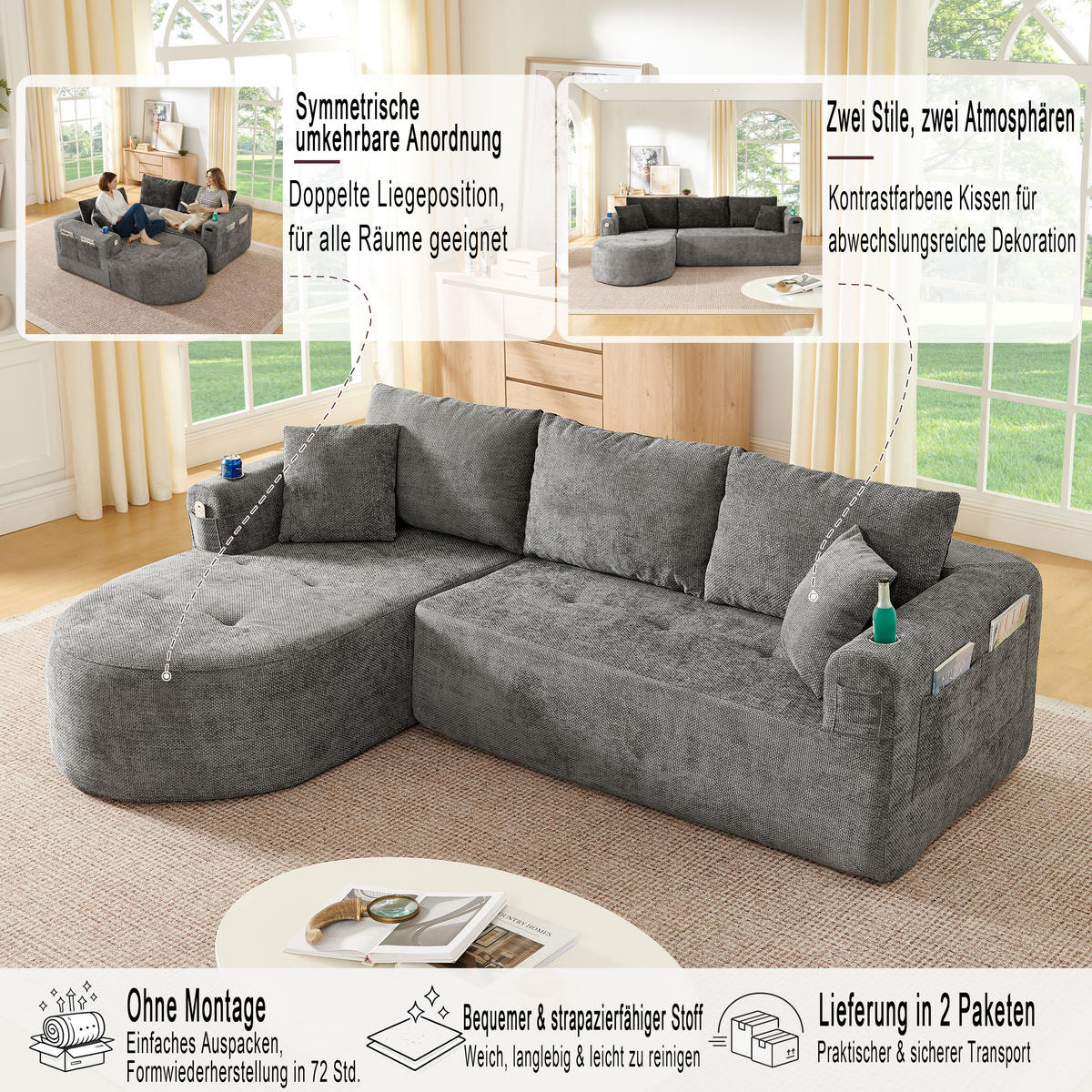 ECKSOFA 255/171/64 cm Grau Leinen mit 2 Getränkehalter - Grau, Textil (255/171cm) - Oxeza