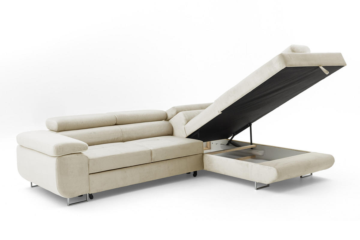ECKSOFA WILD L Rechts mit Schlaffunktion 127x195 Velours Beige - Chromfarben/Beige, Holz/Textil (274/203cm) - Muffo