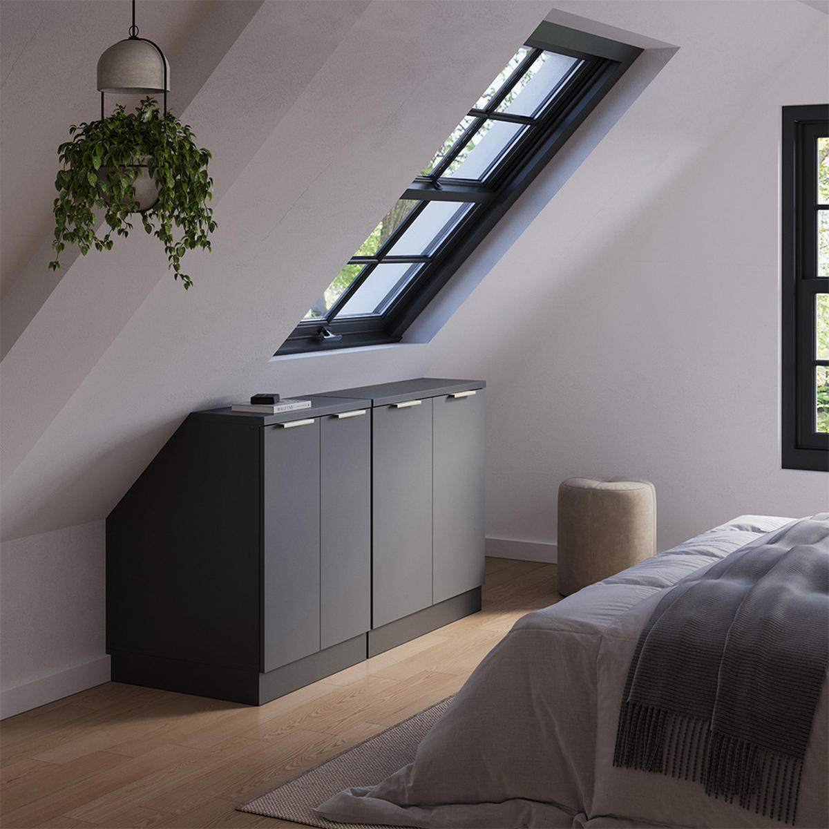 KOMPLET OMAR S POŠEVNO STREHO Rion Antracitno-zlata 140 cm Komplet 2 korpusov omare globina 60 cm - antracit, leseni material (140/83.8/60cm) - Vicco