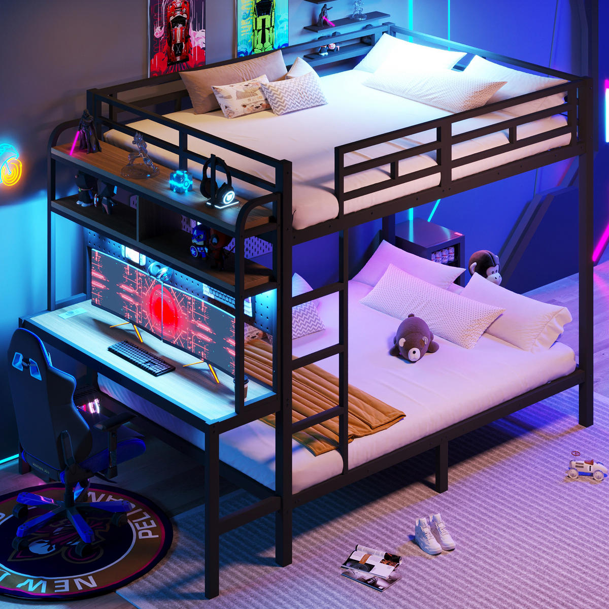ETAGENBETT 140/200 cm Schwarz mit Schreibtisch mit LED-Beleuchtung mit USB-Anschluss - Schwarz, Metall (140/200cm) - OKWISH