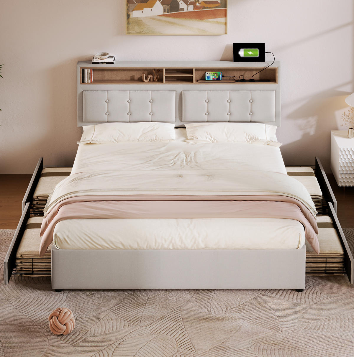 POLSTERBETT 140/200 cm mit Matratze, 4 Schubladen und verstellbarem Kopfteil - Beige, Textil (140/200cm) - BEAOK
