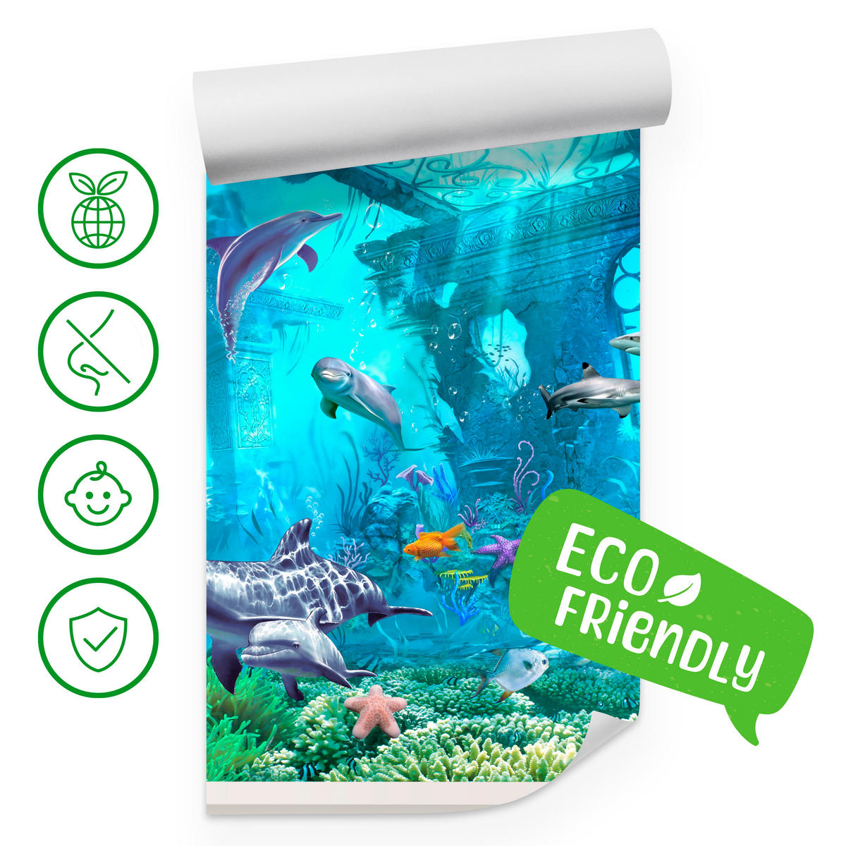 FOTOTAPETE für Schlafzimmer Fenster Unterwasserwelt Delfine Riff 300x210 - Blau/Weiß, Papier (300/210cm) - Muralo