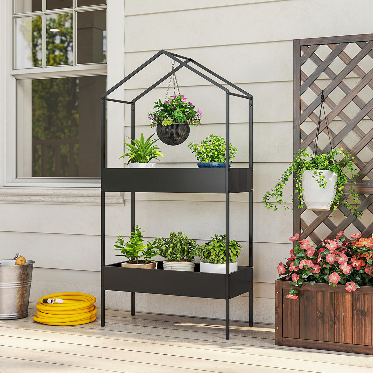 2-ETAGEN Pflanzenständer in Hausform, 150 cm hoch Blumenständer mit Haken - Schwarz, Kunststoff/Metall (35/150/75cm) - Outsunny