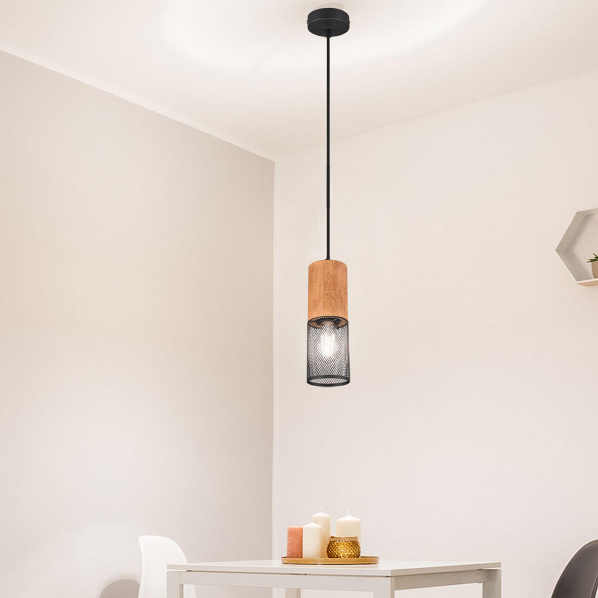 HÄNGELEUCHTE Holz Metall Schwarz-Matt Natur - Braun, Holz (10/10/150cm)