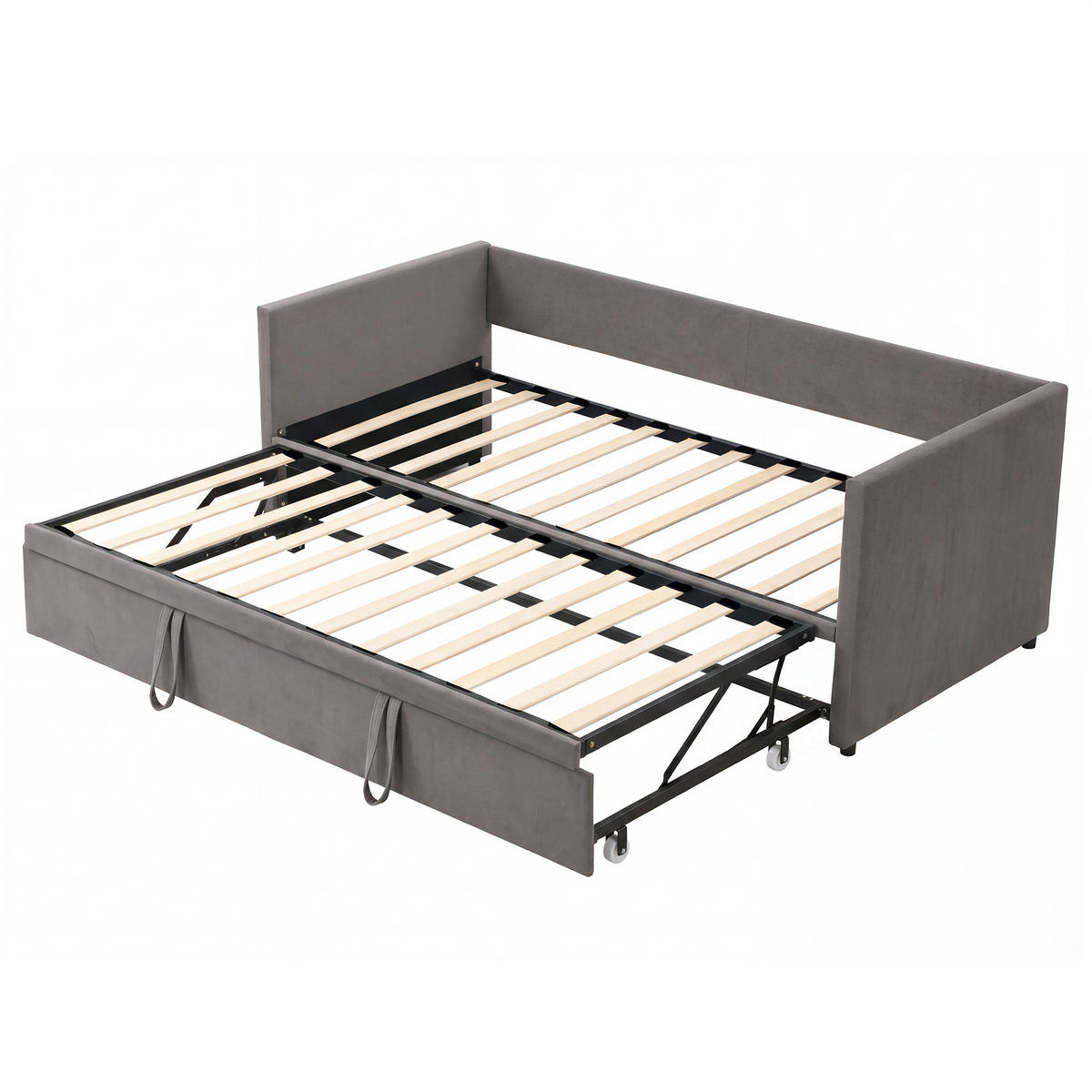 SCHLAFSOFA Samt grau ausziehbar mit Gästebett Funktion 3-fach umwandelbar Tagesbett mit Rollen - Grau, Metall (183/74/213cm) - Joyfair