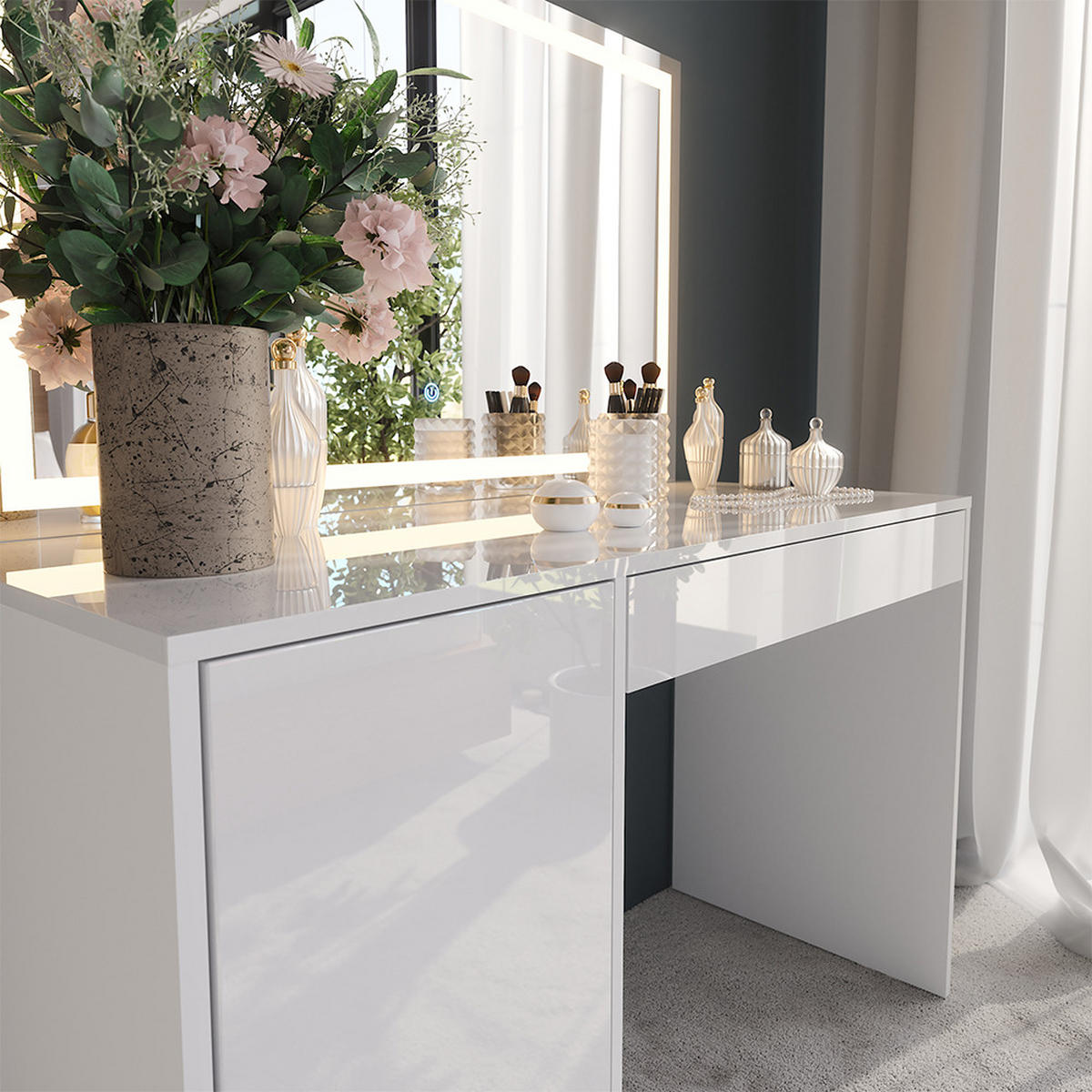 SCHMINKTISCH Sherry Weiß/Weiß Hochglanz 119.8 cm mit LED-Spiegel - Weiß Hochglanz, Holzwerkstoff (119.8/76/50.1cm) - Vicco