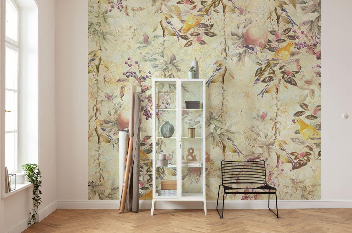 FOTOTAPETE Blumen und Vögel 300 x 280 cm - Gelb, Papier (300/280cm) - Sanders & Sanders
