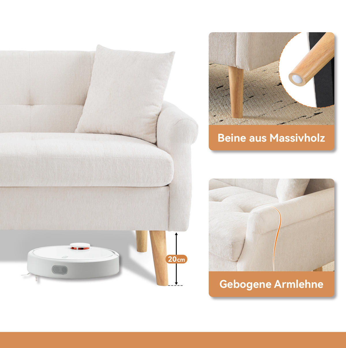 2-SITZER Sofa Chenille mit 15 cm Sitzkissen 162/74/77 cm Beige - Beige, Textil (77/162/74cm) - Redom