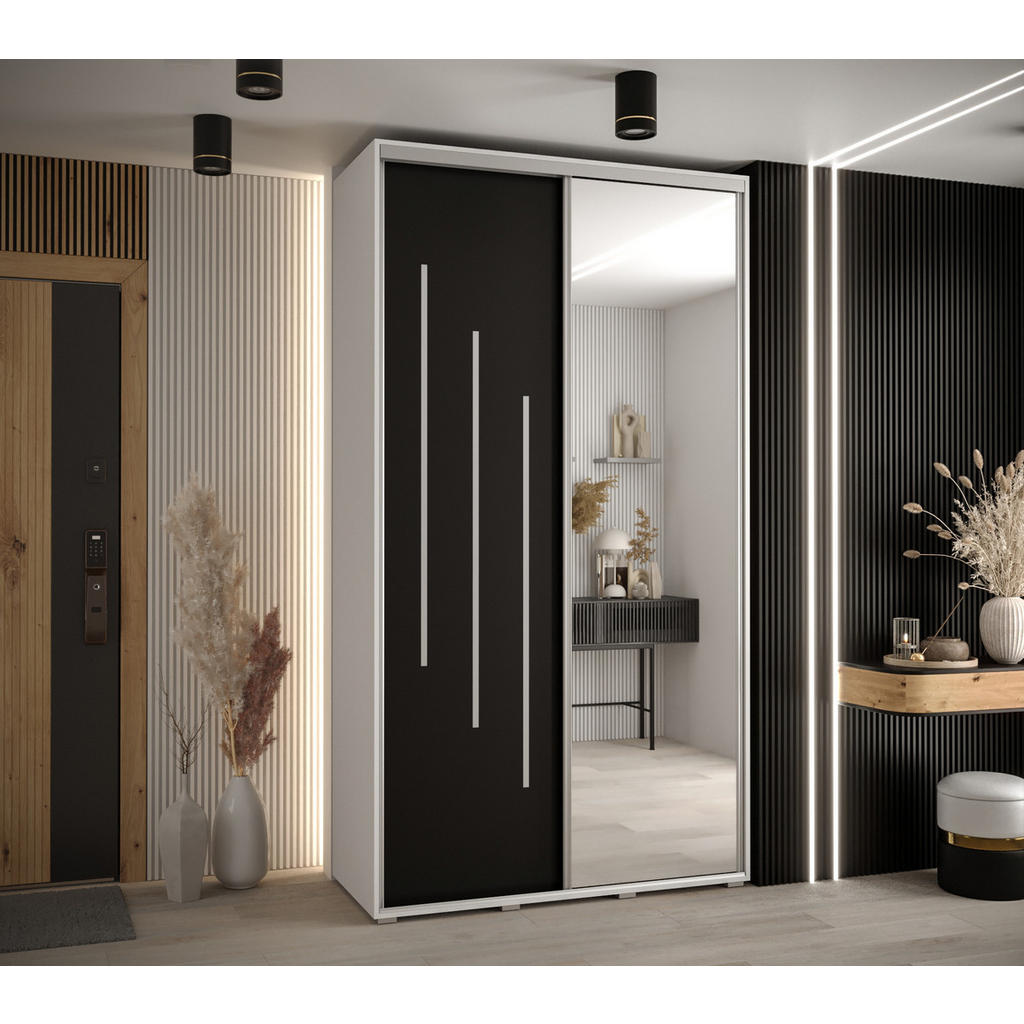 Thumbnail - Abiks Möbel Schwebetürenschrank, Weiß, Schwarz, Silber, Metall, Nachbildung, 6 Fächer, 140x235x60 cm, Schlafzimmer, Klei...