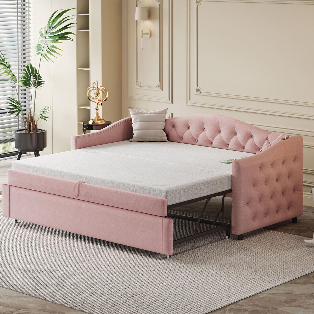 POLSTERBETT 90/200 cm rosa Schlafsofa mit USB-Anschluss und Lattenrost - Pink, Textil (90/200cm) - OKWISH