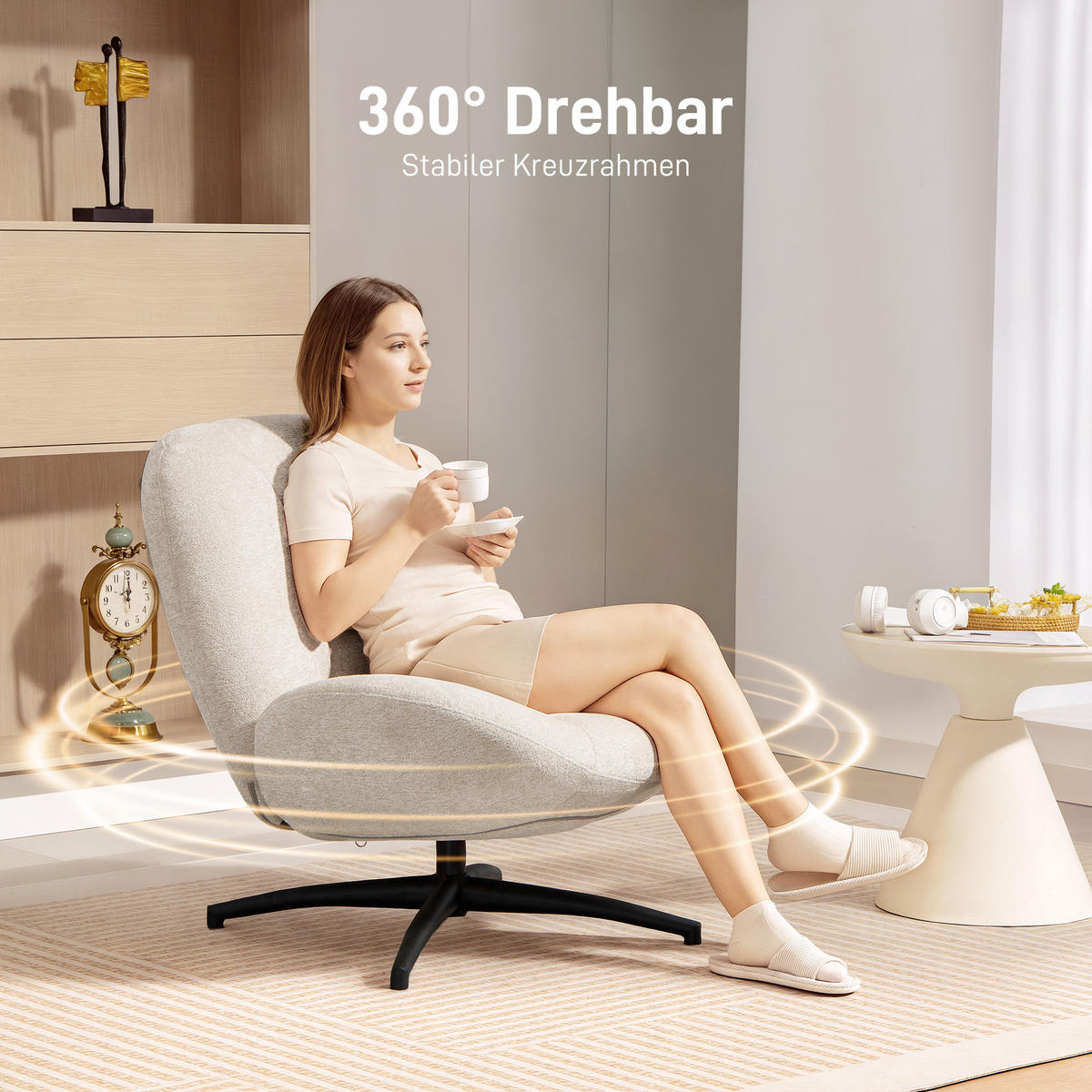 DREHBARER POLSTERSTUHL DE-06900 mit PP-Baumwollfüllung und Stahlbasis Cremeweiß - Creme, Textil/Metall (83/85/89cm) - ComfortXL