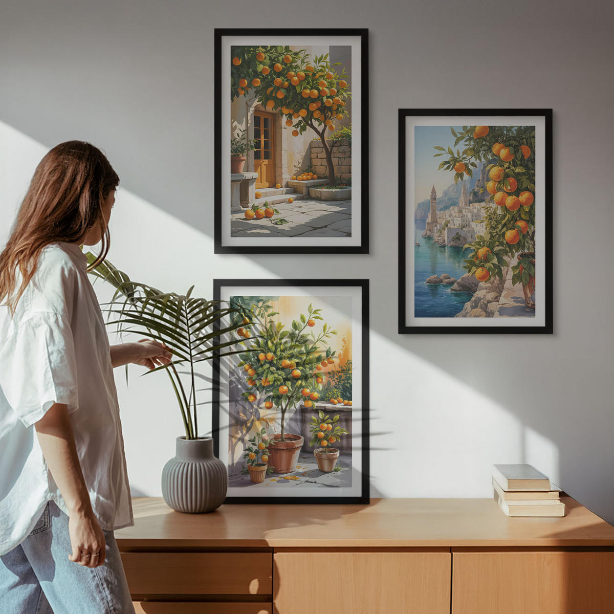 WANDBILDER 3er-Set - 40x60 cm Schwarzer Rahmen - Gemalte Zitruslandschaften - Schwarz, Kunststoff (40/60cm) - ArtPrintCave