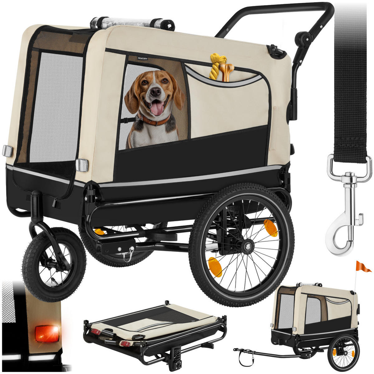 HUNDEANHÄNGER Woofrider,inklusive Reflektoren, Leine und Warnfahne,beige - Beige, Metall (78.5/89/141cm) - tectake