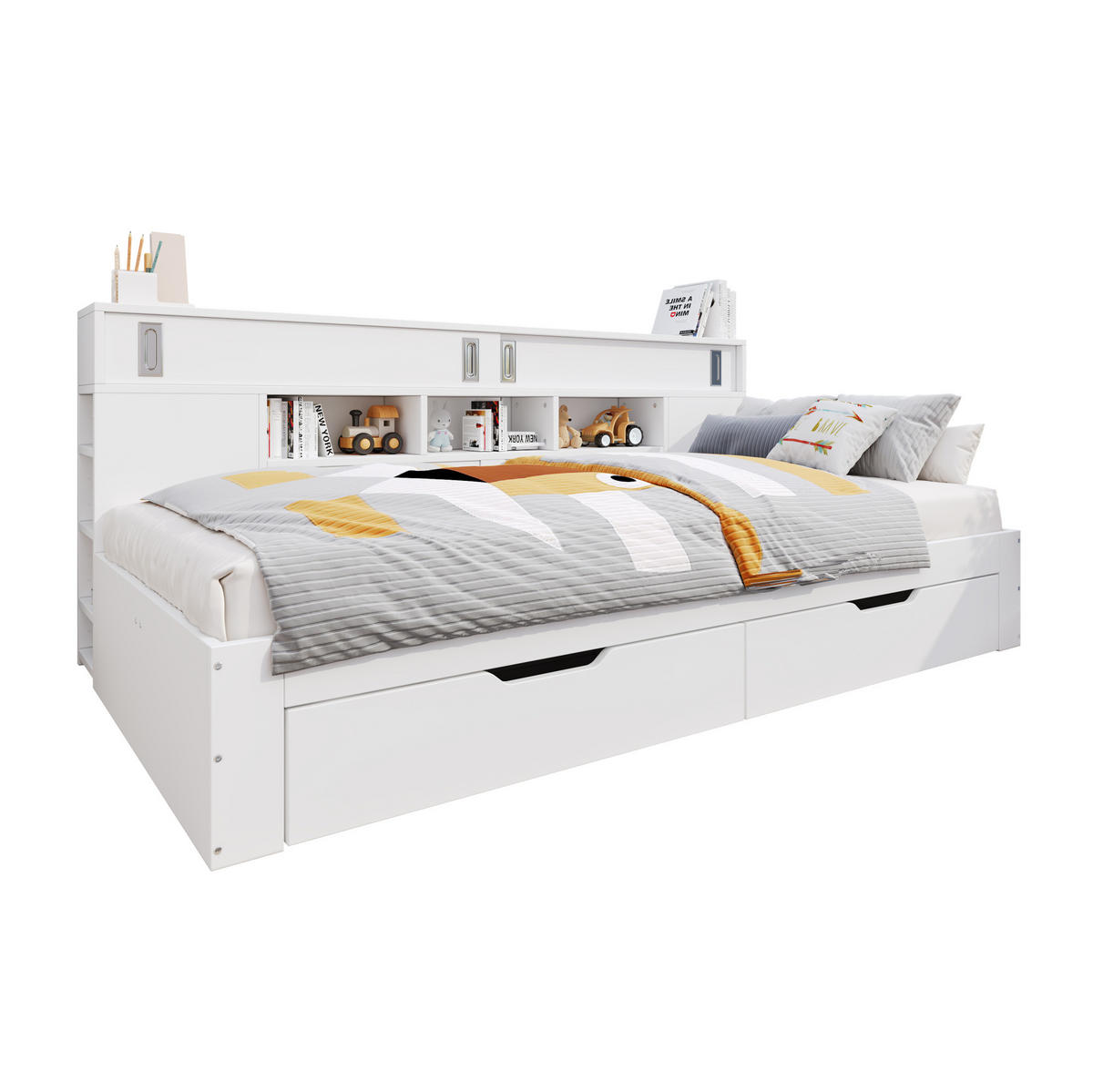 BETT aus MDF 140x200 cm Weiß mit 2 Schubladen, Regalen und Schiebetürschrank - Weiß, Holzwerkstoff (140/200cm) - Modfu