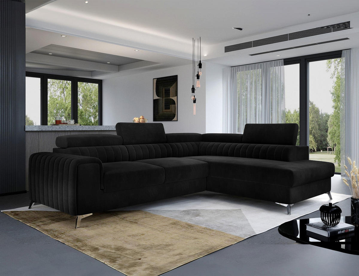 ECKSOFA Laurence mit Schlaffunktion & Bettkasten – 278 x 205 cm, verstellbare Kopfstützen - Schwarz, Kunststoff (278/205cm) - Wohnideebilder