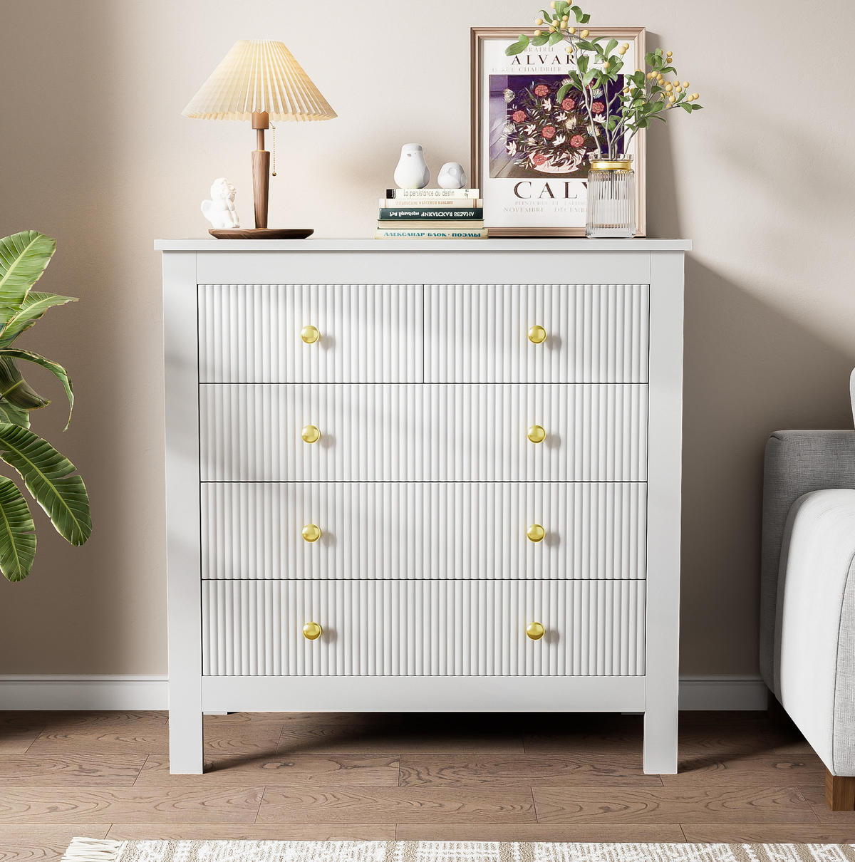 SIDEBOARD 79/39,5/80,5 cm aus Spanplatte mit 5 Schubladen und Goldgriffen Weiß - Weiß, Holzwerkstoff (79/80.5/39.5cm) - Modenvie