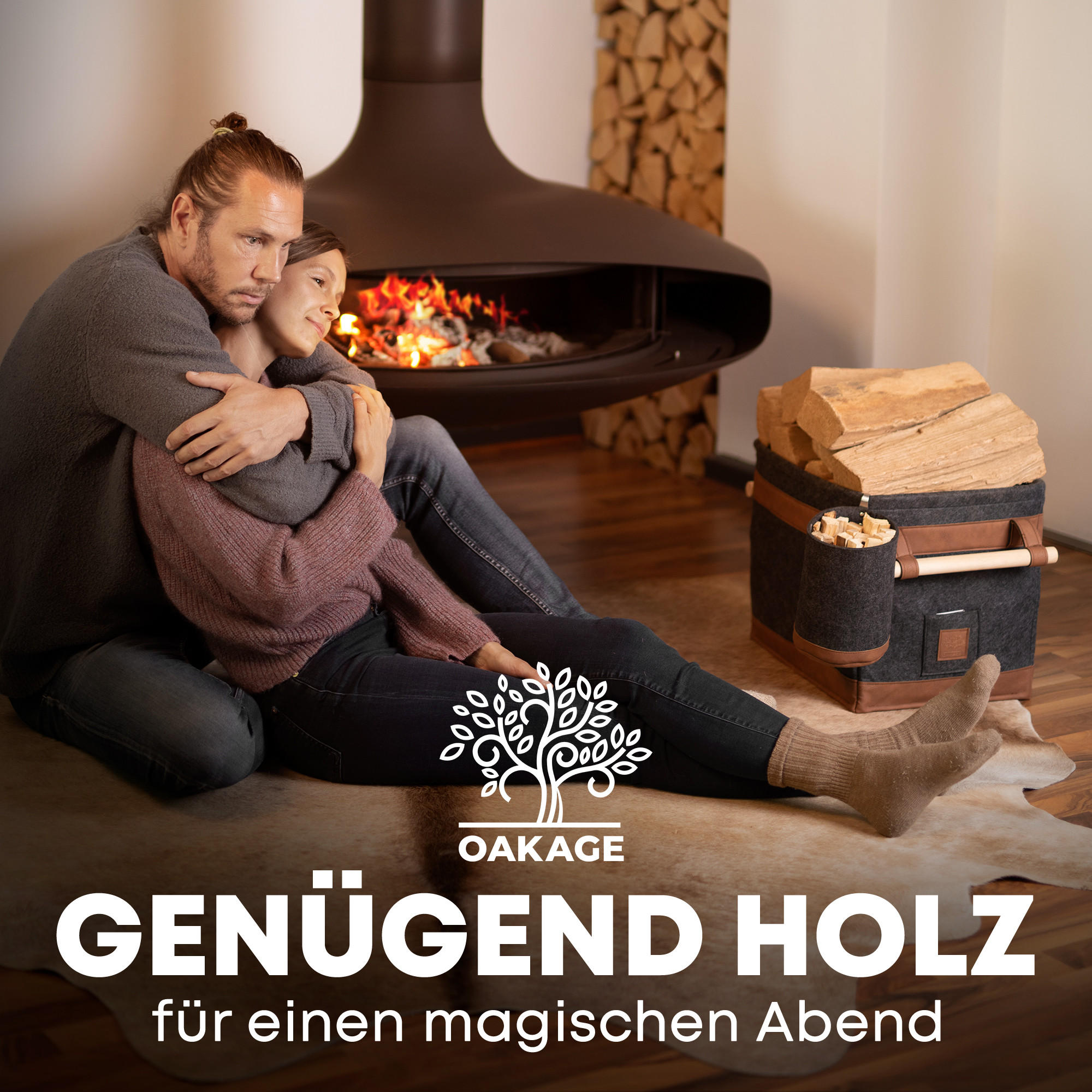 KAMINHOLZKORB FireMaster Duo 2er-Set Filz mit einhängbarem Zündholzkorb 42/32/35 cm - Dunkelgrau, Textil (32/35/42cm) - OAKAGE