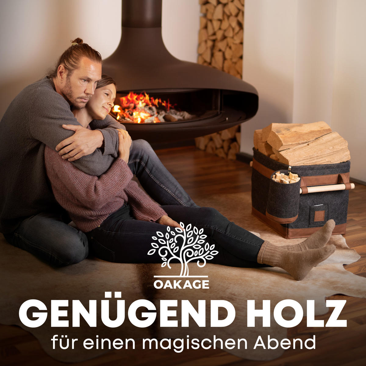 KAMINHOLZKORB FireMaster Duo 2er-Set Filz mit einhängbarem Zündholzkorb 42/32/35 cm - Dunkelgrau, Textil (32/35/42cm) - OAKAGE
