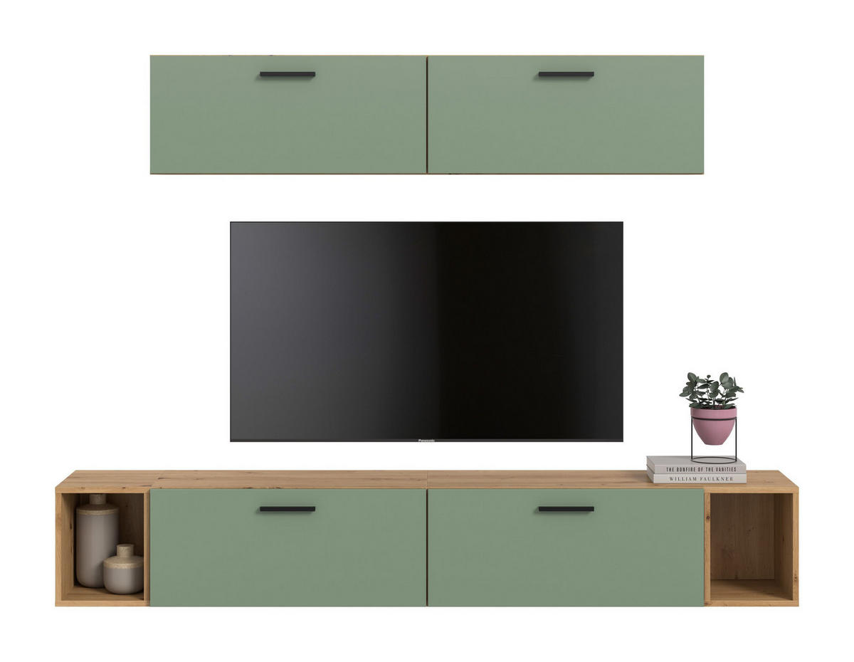 WOHNKOMBINATION THE ONE (B/H/T: ca. 202/184/34 cm) in Artisan Oak Nachbildung/Smoke Green - Eiche Artisan, Holzwerkstoff (202/184/34cm)