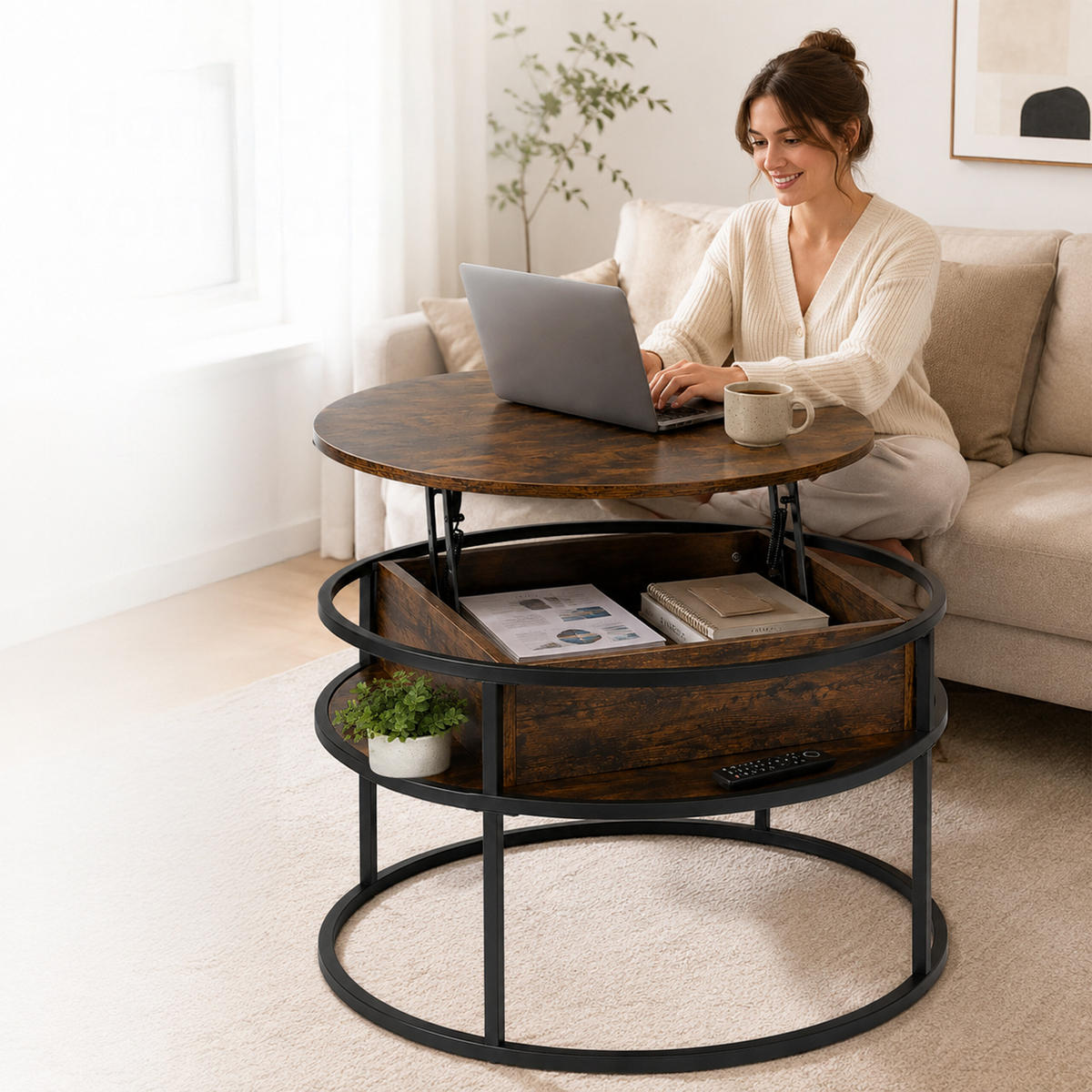 COUCHTISCH Schwarz Industrial mit Liftfunktion - Dunkelbraun, Holzwerkstoff/Metall (80/80/47cm) - Relaxdays